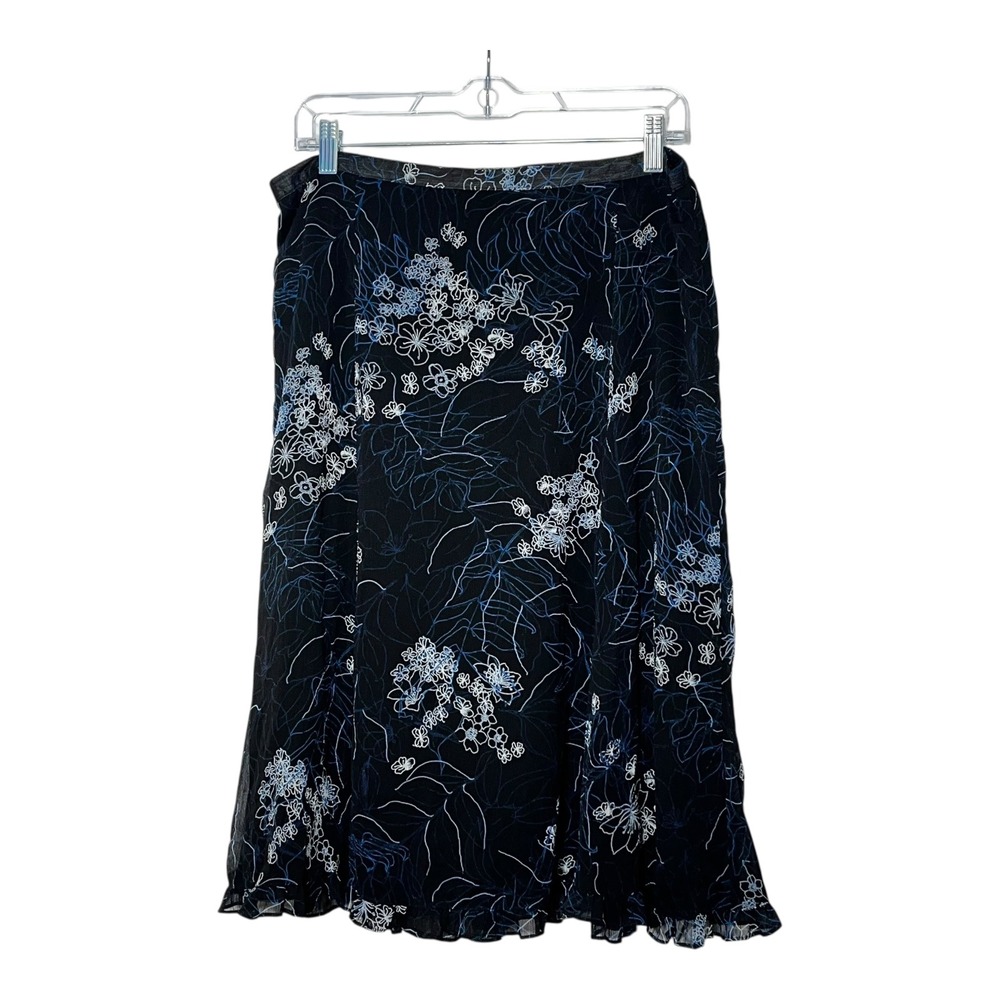 Sag Harbor Petite‎ Black Floral Chiffon Midi Skirt Blue White A-Line 14P S72440